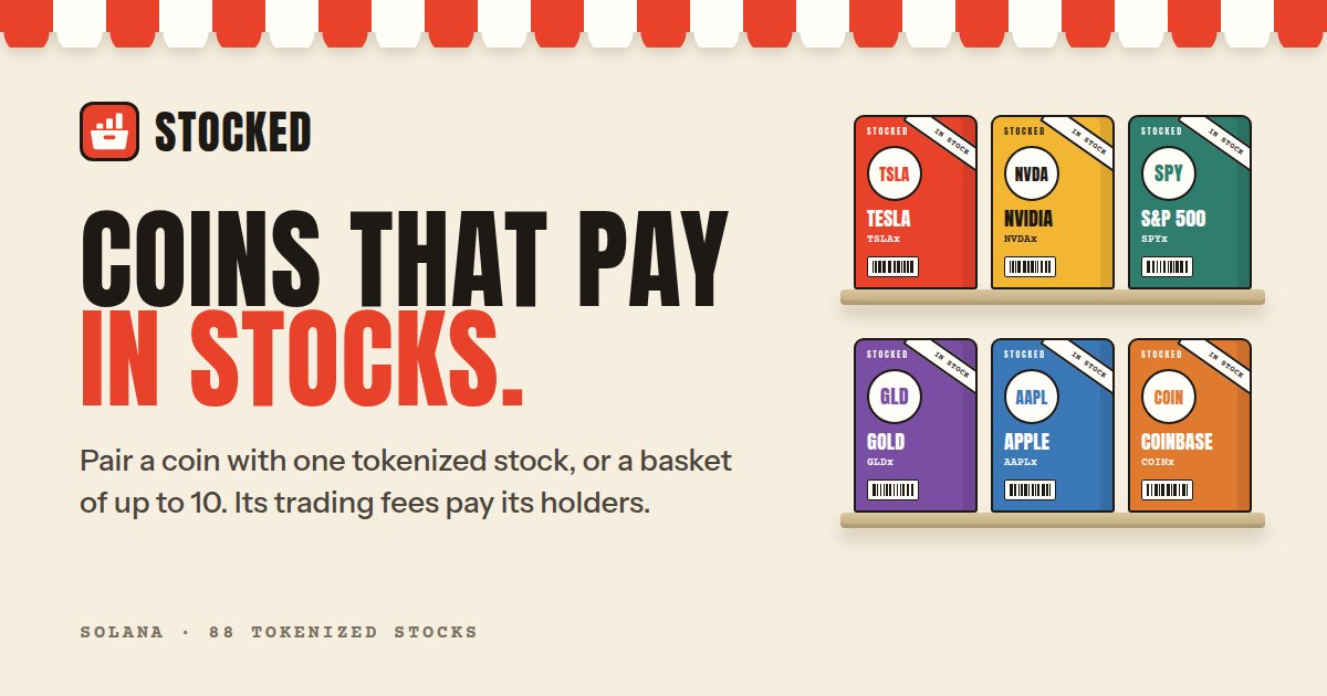 stockedlol's tweet photo. Coins that pay their holders in stocks.

Pair your coin with one to ten tokenized stocks at once.

Coming soon to Solana.

https://t.co/91E22Io6rv https://t.co/2I9PqwV5Cx