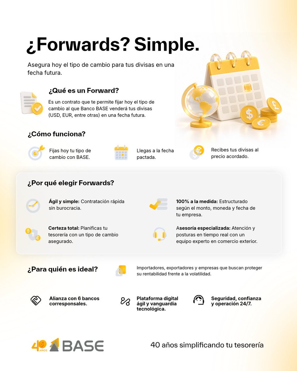BANCO_BASE's tweet photo. La volatilidad no tiene por qué definir el resultado de tu operación. 📊
Una estrategia de cobertura da certidumbre a tus flujos y protege el margen de tu empresa frente al tipo de cambio.💱 
En #BASE te ayudamos a estructurarla.🎯 https://t.co/GYPxdvAMM3
#CoberturaCambiaria https://t.co/u7wS91FHnj