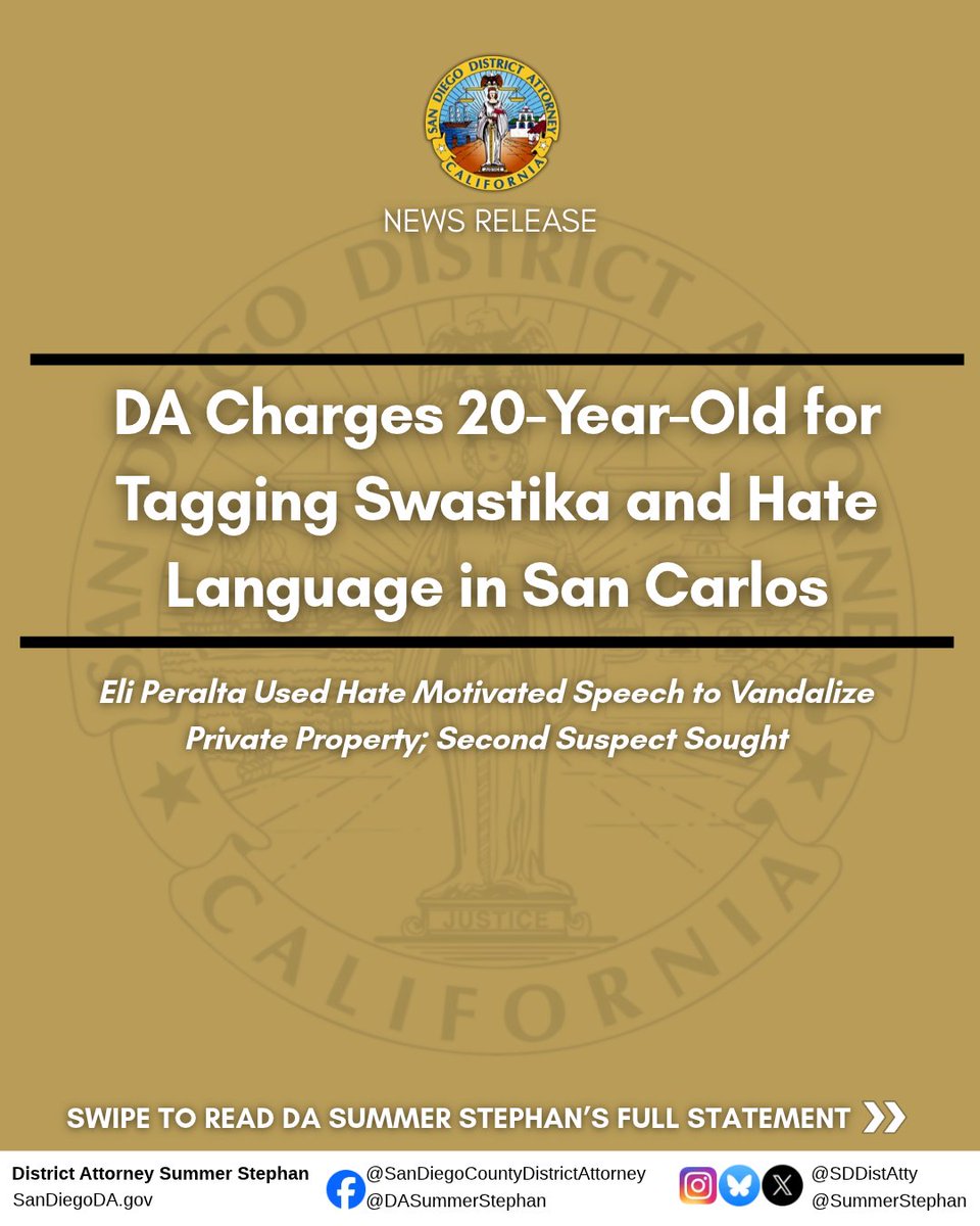 SDDistAtty's tweet photo. Tagger Charged with Hate Crime for San Carlos Vandalism https://t.co/682xeYx05u https://t.co/DrJrxkYRYt