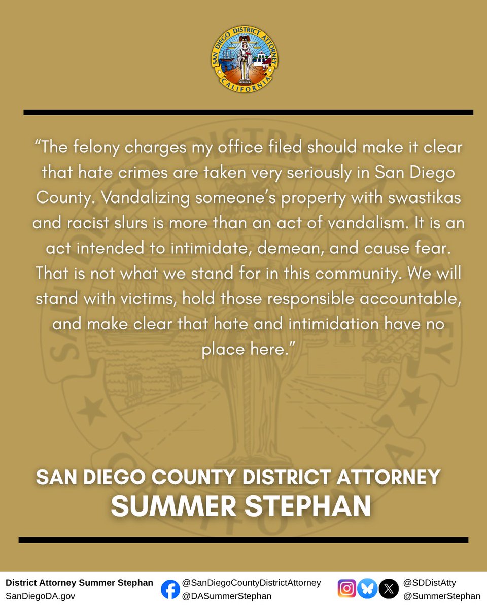 SDDistAtty's tweet photo. Tagger Charged with Hate Crime for San Carlos Vandalism https://t.co/682xeYx05u https://t.co/DrJrxkYRYt