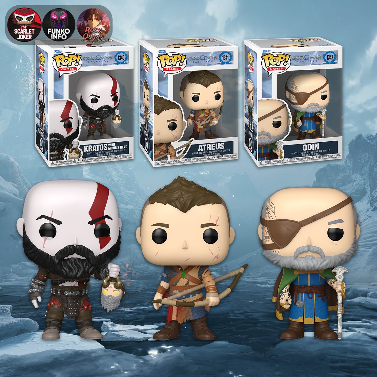 ScarletJokerTWT's tweet photo. First look at new God of War: Ragnarok Pops! Available for pre-order on Wednesday, 10/7 at 9 AM PT!

Entertainment Earth: https://t.co/EiASope264
Amazon: https://t.co/Dw9hreJ6aI

#Ad #Funko #FunkoPop #GodOfWar https://t.co/T5QXBwof6D