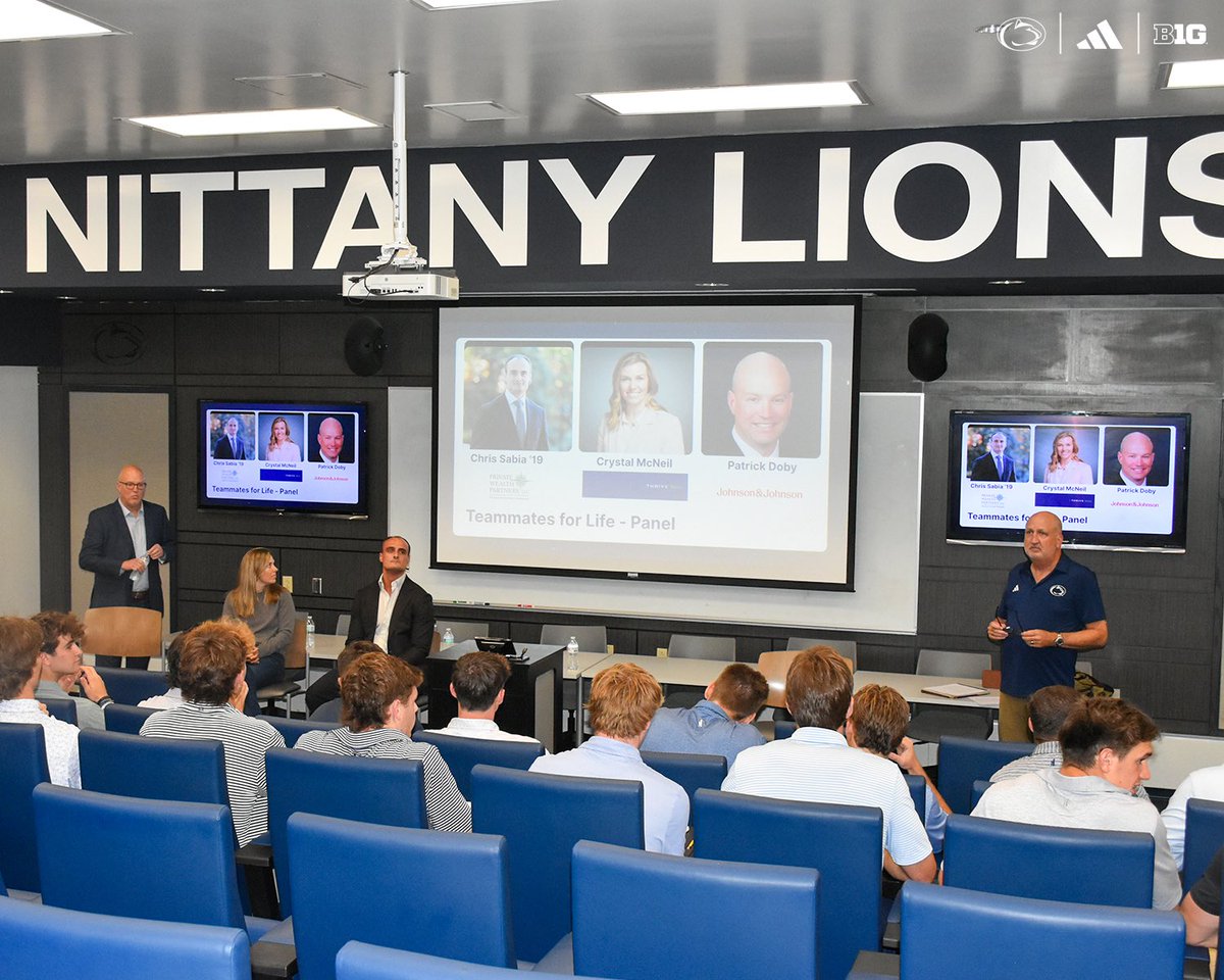 PennStateMLAX's tweet photo. Listening and learning.

Big thank you to our panel of Chris Sabia ‘19, Crystal McNeil, and Patrick Doby for coming to speak with us last night 🤝 https://t.co/iWdyUt10Av