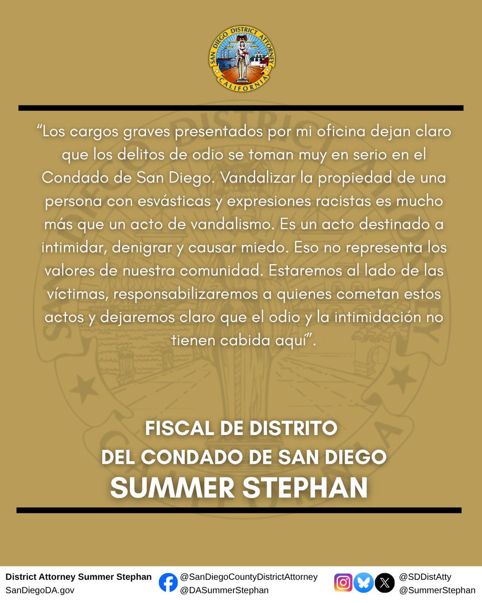 SDDistAtty's tweet photo. Hombre es Acusado de Cometer Delito de Odio por Vandalismo en San Carlos https://t.co/DNkxiFzXaJ https://t.co/w5g9jPWYh1