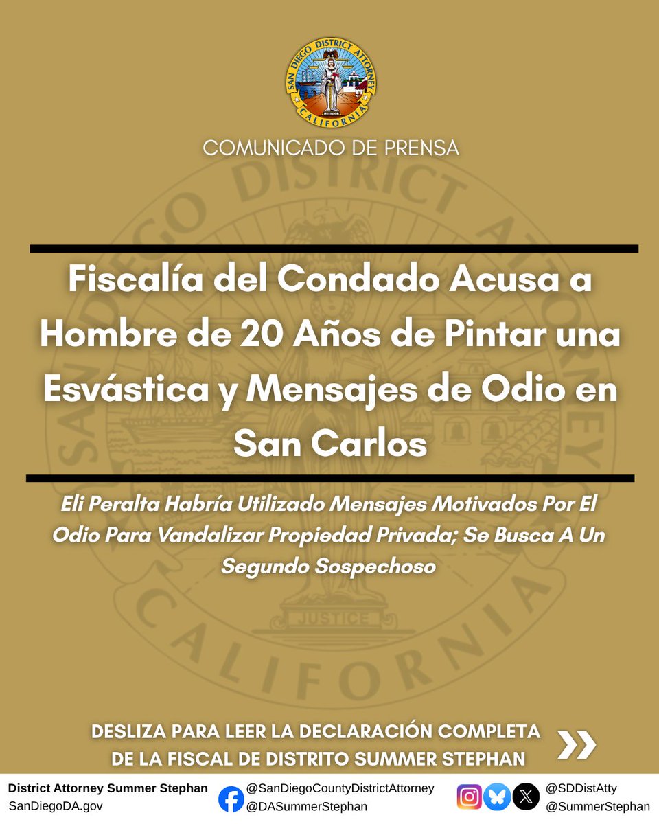 SDDistAtty's tweet photo. Hombre es Acusado de Cometer Delito de Odio por Vandalismo en San Carlos https://t.co/DNkxiFzXaJ https://t.co/w5g9jPWYh1