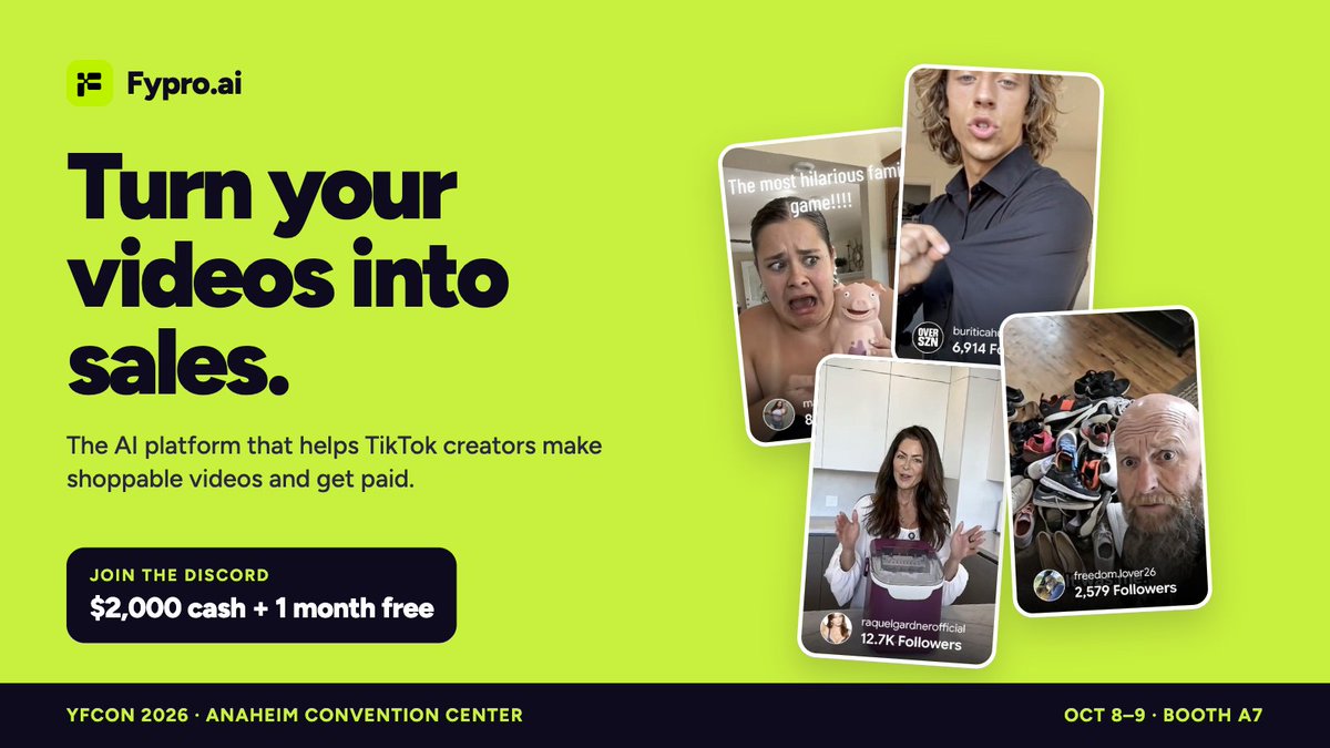fyproai's tweet photo. Fypro is heading to YFCON 👀

📍 Anaheim Convention Center
📅 Oct 8–9
🎪 Booth A7

Stop by to see how creators are using Fypro to create shoppable content, monetize their audience, and get paid.

Plus, unlock:
🎁 1 month of Fypro FREE
💰 Entry to our $2,000 Creator Cash Challenge

See you at Booth A7.

#YFCON #Fypro #CreatorEconomy