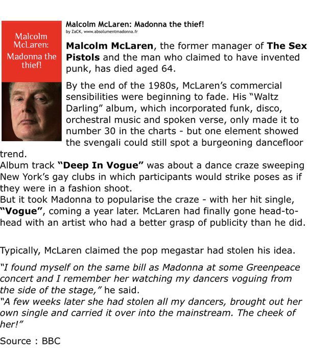 GagaApologist's tweet photo. Remember when Madonna stole Vogue from Malcolm McLaren’s “Deep in Vogue” which was released a year before Madonna’s reductive version? She stole his dancers, his concept, and his sound. https://t.co/h5ZpOHhuB6