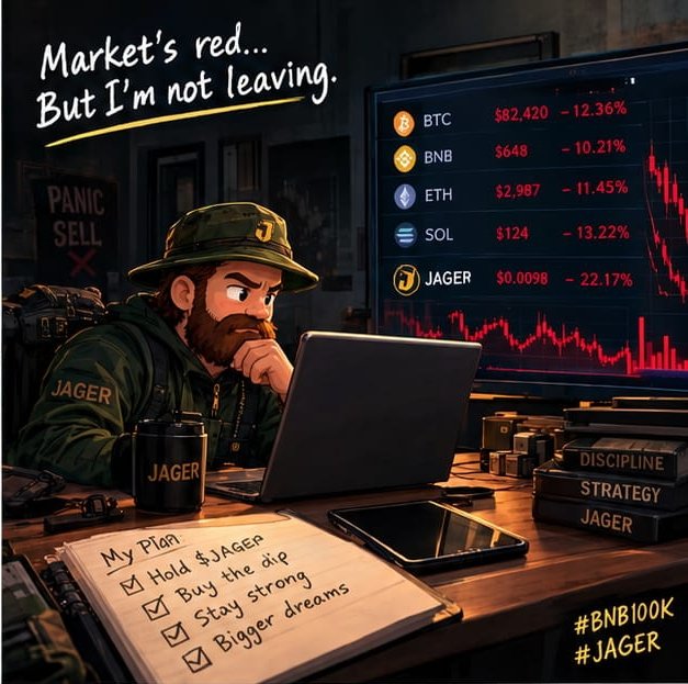 Fatema43533707's tweet photo. When candles turn red, I study the trail instead of panicking.  Market crashes won't shake my loyalty to JAGER. I stand with the community, stay patient, and keep my conviction strong. Storms pass, but true hunters remain! 

jager-hunter:native #BNB100K #JAGER https://t.co/o0BXrqf6Lv