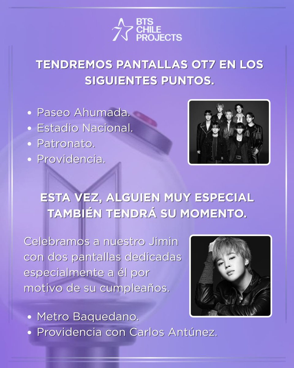 BTSChileProject's tweet photo. 🚦 STREETS BORACITY:
BTS EN TODAS PARTES
 
Conquistaremos Santiago con pantallas digitales:

📅 14 a 17 de octubre
📍OT7
•Paseo Ahumada
•Estadio Nacional
•Patronato
•Providencia

📅 13 de octubre
📍Cumpleaños Jimin 
•Metro Baquedano
•Providencia con Carlos Antúnez https://t.co/uV73UjoWUA