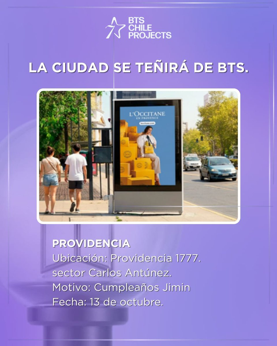 BTSChileProject's tweet photo. Tenemos la fortuna de celebrar el cumpleaños de Jimin

📸 Si ven las pantallas, tómense fotografías, graben y disfruten su paseo por stgo.

Hagamos que se sienta el amor de CH-ARMY en cada rincón. https://t.co/9xmRAa0fA7