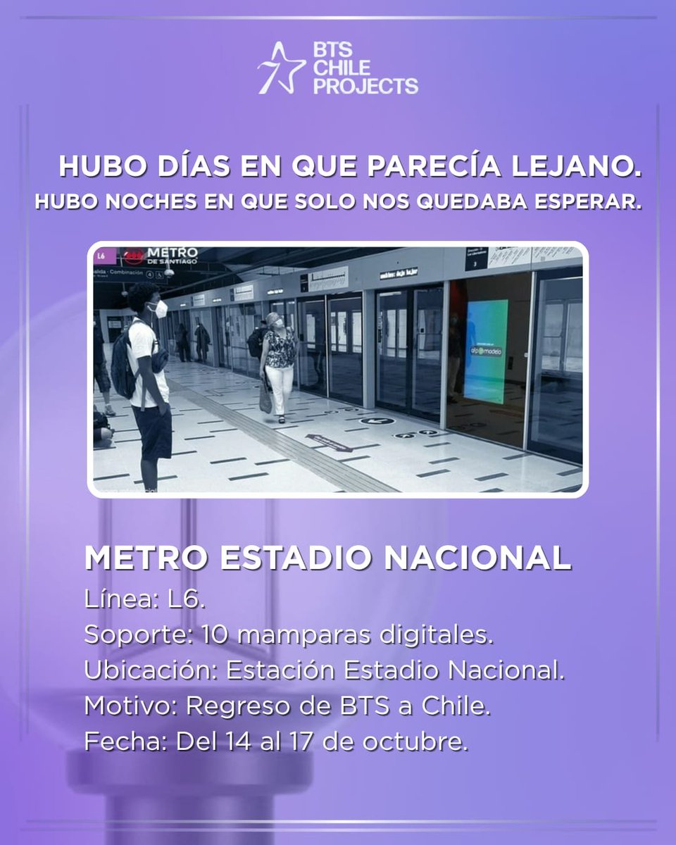 BTSChileProject's tweet photo. Estamos muy felices de que bangtan regrese a nuestro país 💜🇨🇱

📸 Si ven las pantallas, tómense fotografías, graben y disfruten su paseo por stgo.

Hagamos que se sienta el amor de CH-ARMY en cada rincón. https://t.co/5Vd4BkjJDi