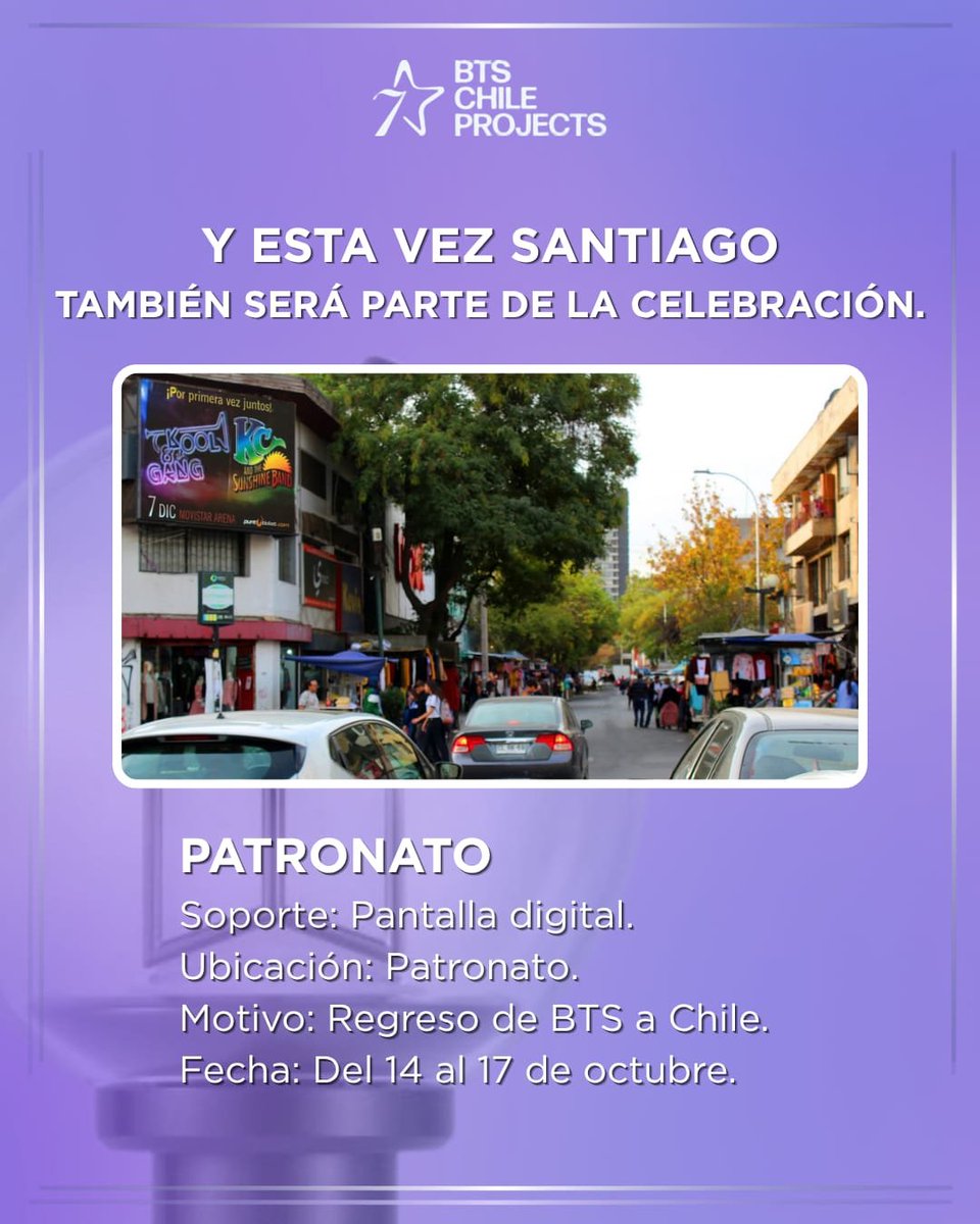 BTSChileProject's tweet photo. Estamos muy felices de que bangtan regrese a nuestro país 💜🇨🇱

📸 Si ven las pantallas, tómense fotografías, graben y disfruten su paseo por stgo.

Hagamos que se sienta el amor de CH-ARMY en cada rincón. https://t.co/5Vd4BkjJDi