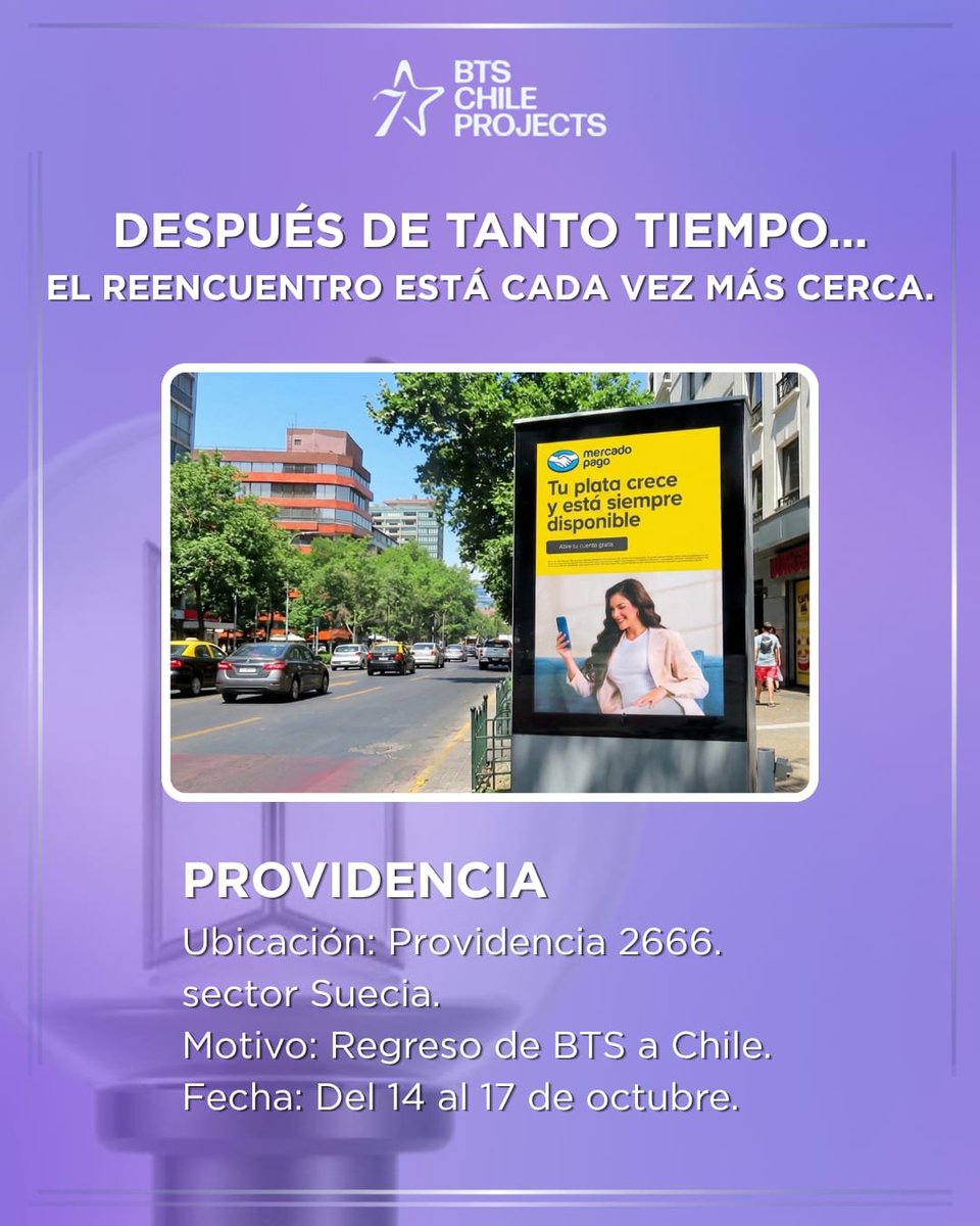 BTSChileProject's tweet photo. Estamos muy felices de que bangtan regrese a nuestro país 💜🇨🇱

📸 Si ven las pantallas, tómense fotografías, graben y disfruten su paseo por stgo.

Hagamos que se sienta el amor de CH-ARMY en cada rincón. https://t.co/5Vd4BkjJDi