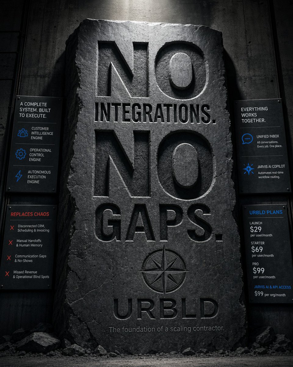 URBLDllc's tweet photo. Software integrations are just gaps waiting to break.

If you rely on human memory to move data from your CRM to your dispatch tool, you are bleeding revenue. URBLD is a unified system built to execute. No integrations. No gaps. Just scale.

#Operations https://t.co/dKJSgnl7d9