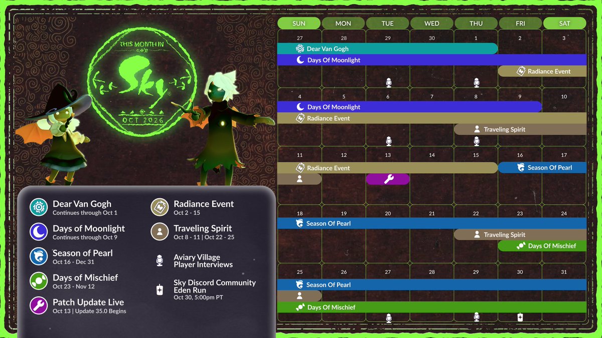 thatskygame's tweet photo. 🎃 Tricks, treats, and tales from the sea await this October 🌊

🐚 Set sail with the Old Angler in Season of Pearl
🧙‍♀️🦀 Brew up some fun with the tiny witch Brigitta during Days of Mischief
🤗 Team up to hug the rooftop krill in Sky's first-ever Community Goal
👻 Brave Eden in costume with TGC staff during our Community Eden Run
🏆🔨 Welcome back the Traveling Spirit you voted for in the Sky Creator Awards

🔗 https://t.co/vnH4FlhJQK

🕯️ Want to see your creations in This Month in Sky? Use #thatskygame for a chance to be featured!

Thanks for a wonderful first year of This Month in Sky 🩵