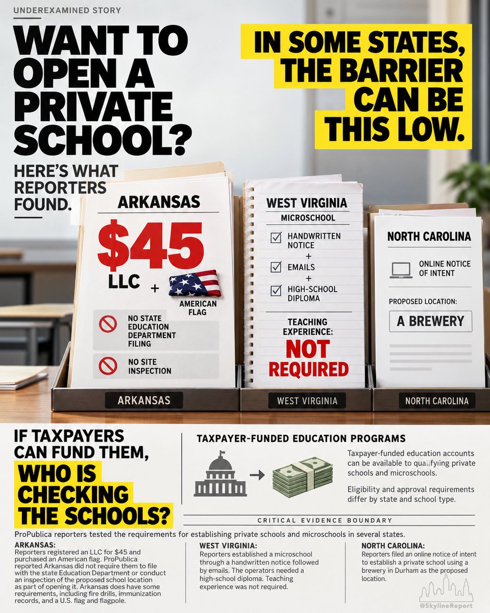SkylineReport's tweet photo. 🚨 WANT TO OPEN A PRIVATE SCHOOL?

ProPublica reporters tested how hard it is.

In Arkansas:

$45 to register an LLC.
An American flag.
No Education Department filing.
No inspection of the proposed school site.

In West Virginia, reporters established a microschool with a handwritten notice, emails and proof of a high-school diploma.

No teaching experience required.

And in North Carolina, reporters filed notice to open a private school from a brewery.

Here’s where this becomes a taxpayer story:

Qualifying private schools and microschools can receive publicly funded education dollars.

Arkansas now has about 120 new private schools since the state began offering roughly $7,000 per student annually toward private tuition.

School choice is one debate.

But if taxpayers are writing the checks, there’s another question:

WHO IS CHECKING THE SCHOOLS?