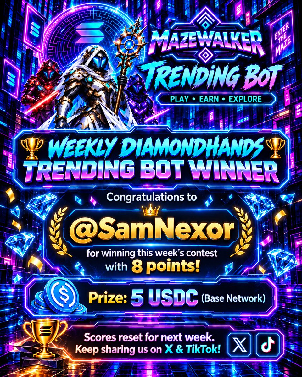 MazeWalkerToken's tweet photo. 🏆 WEEKLY DIAMONDHANDS TRENDING BOT WINNER! 🏆
Congratulations to @SamNexor for taking the top spot this week with 8 points! 🔥💎
💰 Prize: 5 USDC on Base Network
Thank you to everyone who participated, shared, posted, and helped spread the word. The leaderboard has now reset, so everyone has a fresh chance to win next week.
📲 Keep supporting and sharing us on X & TikTok
🏁 New week. New leaderboard. New winner.
Think you can take the crown next Friday? 👑