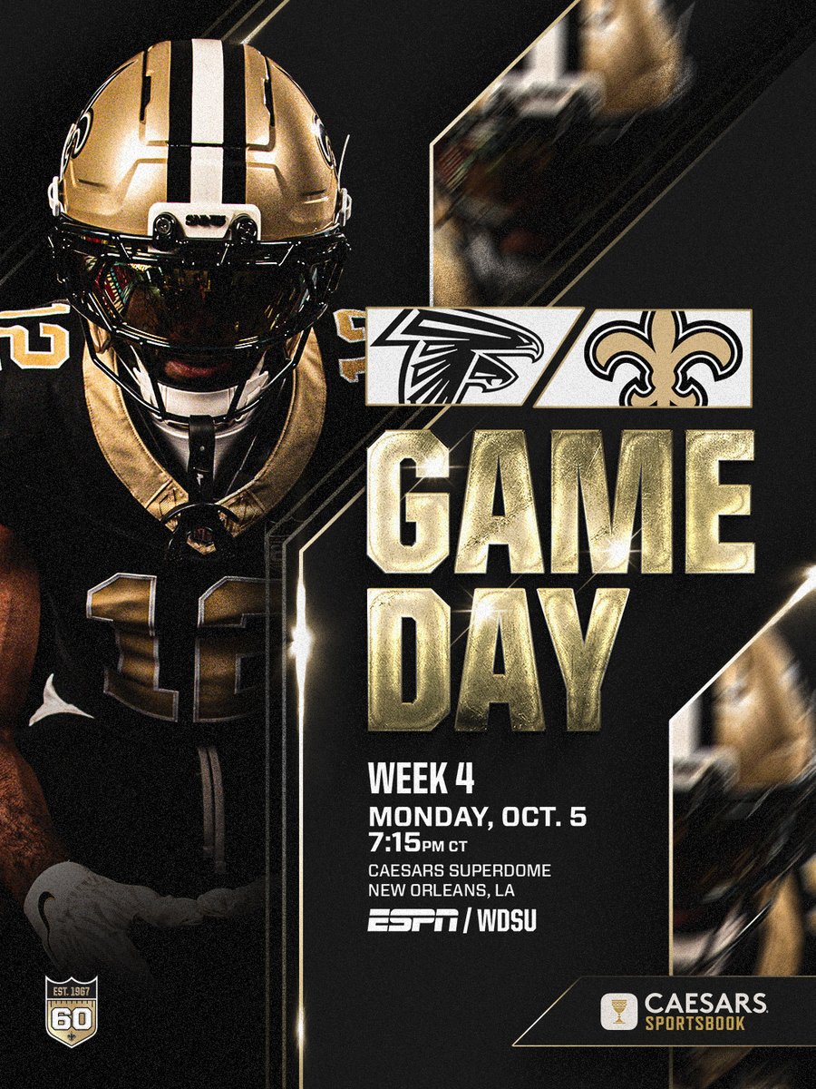 Saints's tweet photo. Welcome to Monday night at the Dome.

🏈 vs Falcons
🕒 7:15 PM CT
📺 ESPN/WDSU
📻 WWL Radio

#Saints | @CaesarsSports https://t.co/bVtrtN5ehc