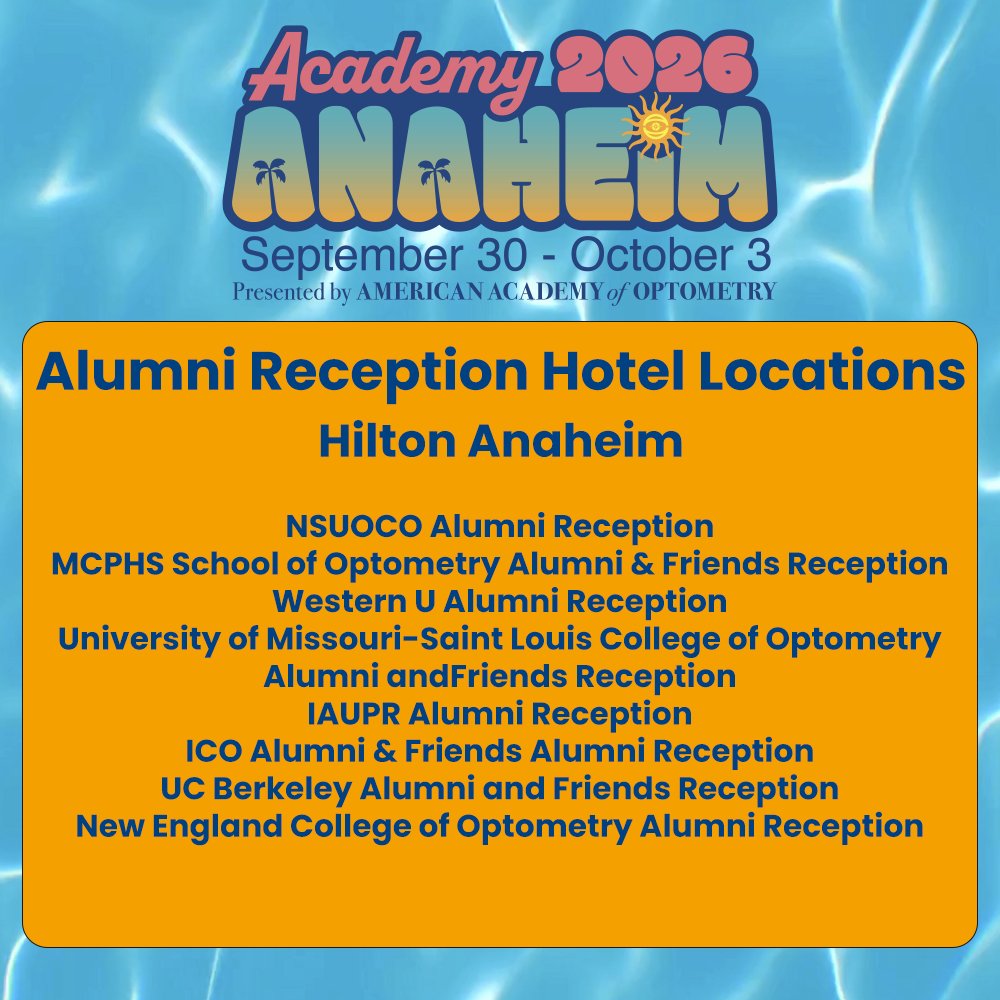 aaopt's tweet photo. Tonight is all about reconnecting, celebrating and having some fun at #Academy26!

Alumni Receptions kick off at 7:00 PM tonight! Find your school on the graphics to see where your reception is happening, then catch up with classmates, colleagues and friends.

And don’t call it a night after the receptions!

The Academy Friday Night Party takes over the Marriott Marquis Ballroom from 9:00 PM–midnight. Come ready to celebrate another incredible day in Anaheim!

See you tonight!

#Academy26 #Optometry #Fellows #VisionScience