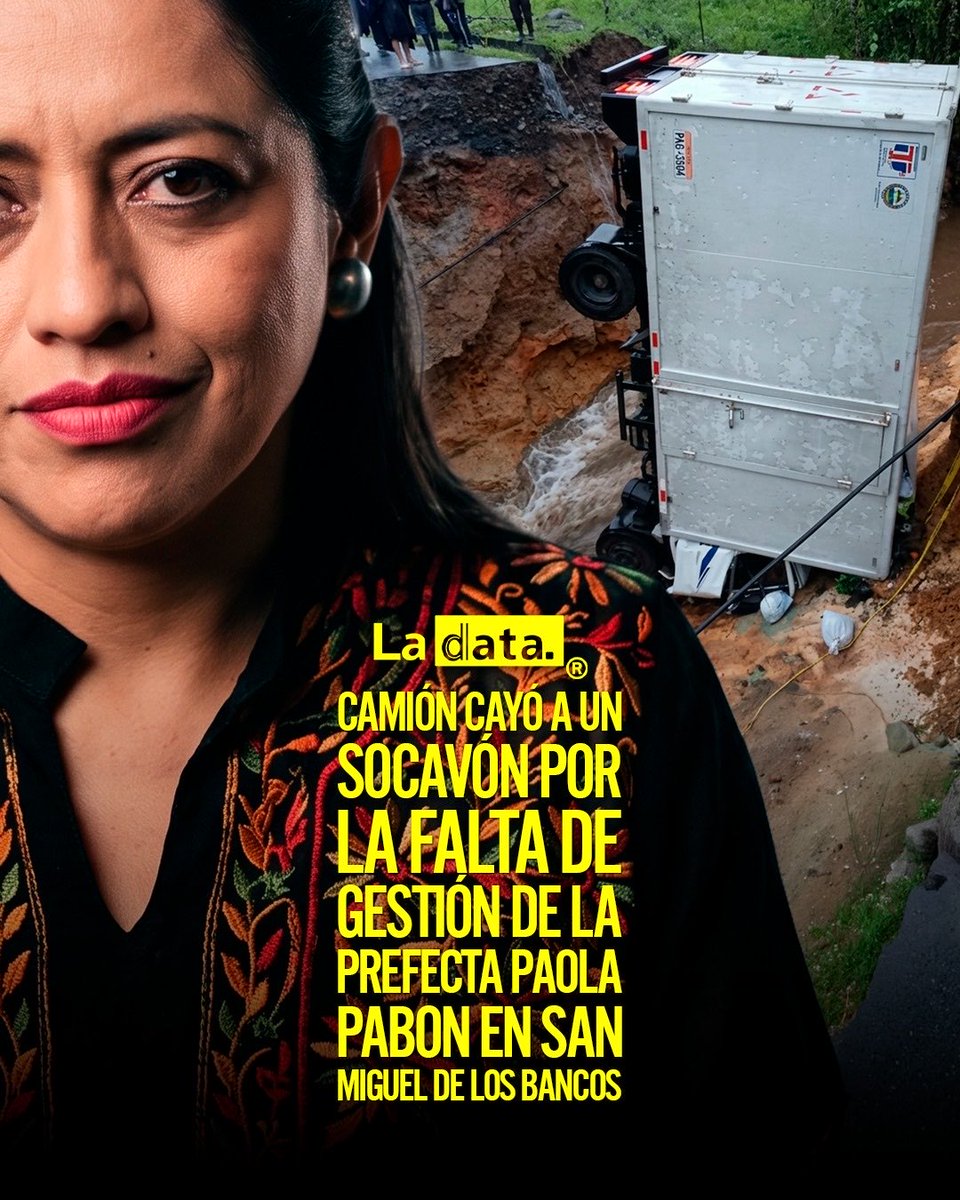ladataec's tweet photo. #Tendencia Camión cayó a un socavón por la falta de gestión de la Prefecta Paola Pabón en San Miguel de los Bancos 

La falta de mantenimiento en la red vial de Pichincha, responsabilidad de la Prefecta Paola Pabón, casi provoca una tragedia. La madrugada de este viernes, un camión cayó en un socavón tras el colapso de una alcantarilla en el km 19.8 de la vía San Bernabé-El Salazar, en San Miguel de los Bancos.

Bomberos rescataron a dos personas atrapadas en el vehículo. La Prefectura confirmó que el hundimiento de la mesa asfáltica se debió al colapso de la infraestructura. El tramo permanece cerrado. Exigimos a Paola Pabón dejar la negligencia y garantizar vías seguras.

@ladataec👈

#LaData #TendenciaPolitica #PaolaPabón #Pichincha