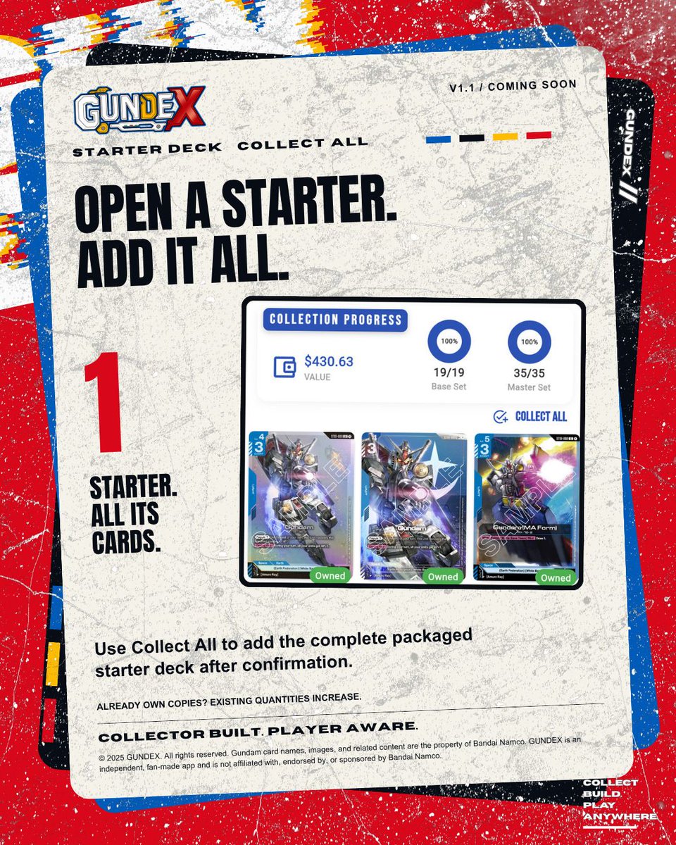 gundexapp's tweet photo. Opened a starter deck?

GUNDEX V1.1’s Collect All adds the complete packaged deck after confirmation. Cards you already own increase in quantity.

Coming soon. https://t.co/yzEigvzdje