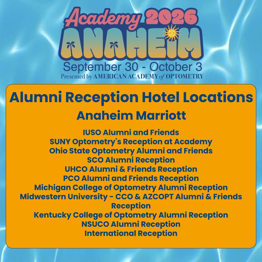 aaopt's tweet photo. Tonight is all about reconnecting, celebrating and having some fun at #Academy26!

Alumni Receptions kick off at 7:00 PM tonight! Find your school on the graphics to see where your reception is happening, then catch up with classmates, colleagues and friends.

And don’t call it a night after the receptions!

The Academy Friday Night Party takes over the Marriott Marquis Ballroom from 9:00 PM–midnight. Come ready to celebrate another incredible day in Anaheim!

See you tonight!

#Academy26 #Optometry #Fellows #VisionScience