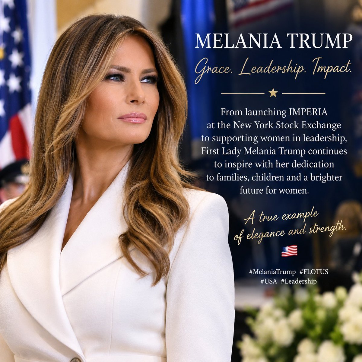 TMMelenaiatrump's tweet photo. Timeless elegance. Quiet strength. Powerful impact. ✨
Melania Trump represents grace and leadership with a purpose—always inspiring, always dignified, always making a difference. 🇺🇸👑
#MelaniaTrump #FLOTUS #America https://t.co/R705k6n2U5