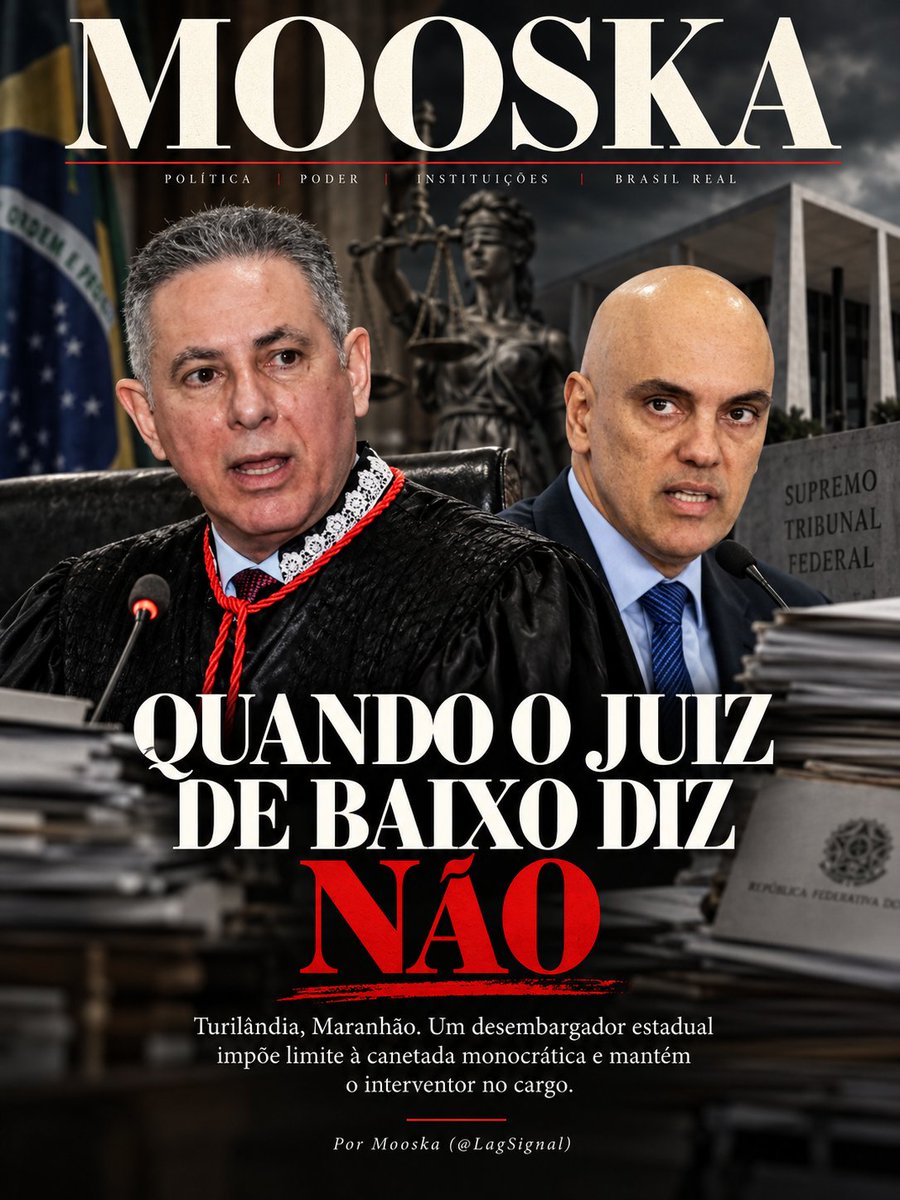 LagSignal's tweet photo. Mooska.

QUANDO O JUIZ DE BAIXO DIZ NÃO

Turilândia, Maranhão. 
Uma cidade pequena, longe das câmeras da Faria Lima, longe das redações de Brasília. 
Um prefeito suspeito de desviar R$ 56 milhões dos cofres públicos. 
Um ministro do STF que, com uma canetada monocrática, suspendeu o afastamento desse prefeito.

E um desembargador estadual que disse: não.

Gervásio Protásio dos Santos Júnior, do Tribunal de Justiça do Maranhão, leu a liminar de Alexandre de Moraes e foi cirúrgico. 
A decisão do STF tratava de cautelares criminais. 
A intervenção estadual foi aprovada por unanimidade em agosto, num processo administrativo separado, com fundamento diferente. São dois trilhos distintos. Uma liminar num não derruba o outro.

Juridicamente, o desembargador tem razão.

O ponto político, porém, é mais revelador do que qualquer argumento técnico. 
Quando um magistrado de instância estadual precisa publicar despacho explicando para o país o que a liminar de Brasília de fato abrange e o que ela não abrange, é porque o poder simbólico da canetada começou a encolher.

Moraes assina. Uma desembargadora obedece de imediato e reintegra o prefeito. 
Horas depois, outro desembargador analisa o mesmo texto e chega à conclusão oposta. 
O interventor permanece. 
Paulo Curió continua fora do cargo.

Isso não é caos. É o sistema federativo respirando.

A concentração de poder nunca é permanente. 
Ela pressiona até encontrar resistência. 
E a resistência foi encontrada, desta vez, num tribunal estadual do Maranhão, a dois dias de uma eleição presidencial.

O episódio vai passar em branco nos noticiários de horário nobre. 
Não tem câmera. Não tem plenário no Supremo. 
É só um despacho de cinco páginas num processo que a maioria dos brasileiros jamais saberá que existiu.

Mas o sinal está lá.

Zumm...

#STF #Maranhão #Eleições2026 #JusticaOuPoder