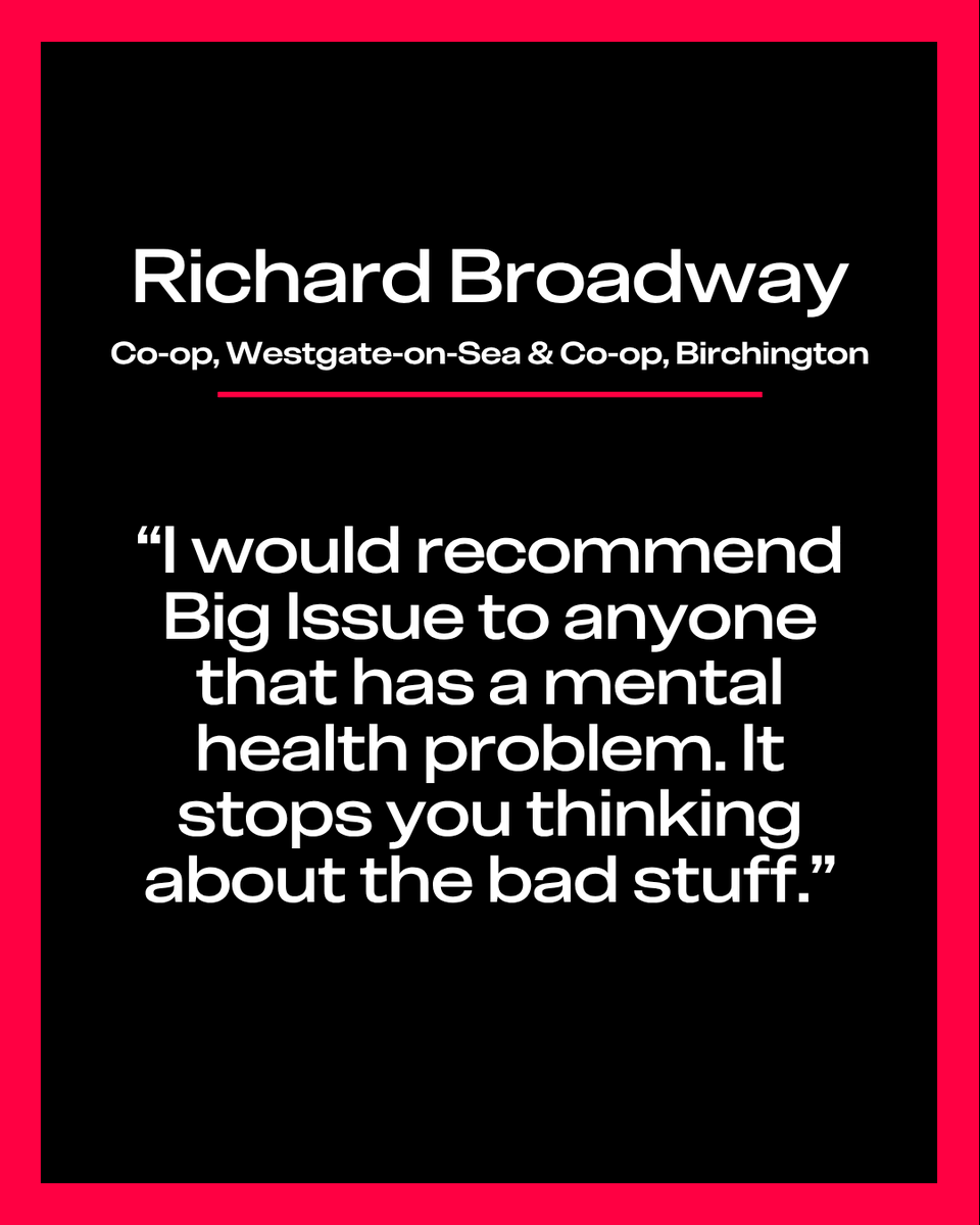 BigIssue's tweet photo. “I would describe my upbringing as living through hell.” 

📍 Richard Broadway sells Big Issue outside Co-op, Westgate-on-Sea & Co-op, Birchington 

“When I’ve been at my lowest, just wanting to end it all, the friends I’ve made over the years have kept me going.” 

“I would recommend Big Issue to anyone that has a mental health problem. It stops you thinking about the bad stuff.” 

“I went through five and a half years of suffering, and I watched my mum and sister suffer too.” 

“All I want is to get my garden clean and manageable, and then I could get myself a dog. That would solve a hell of a lot of my problems. It would mean the world.” 

“I’m known in Westgate and Birchington as the dog whisperer. Their owners get dragged to where I am!” 

➡️Read the full interview: https://t.co/fDVwaGEIRg