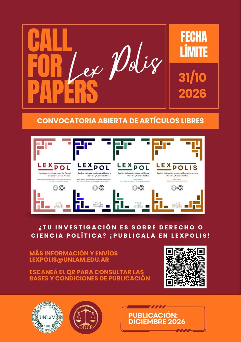 CorradoAnibal's tweet photo. 📢 ¡Convocatoria abierta de LexPolis! 

¿Tu investigación es sobre Derecho o Ciencia Política? 📚 

¡Enviá tu trabajo a LexPolis! 

La revista recibe artículos de investigación y reseñas críticas de libros, con evaluación por pares y referato doble ciego. ! 📚 https://t.co/G3797LVqDx