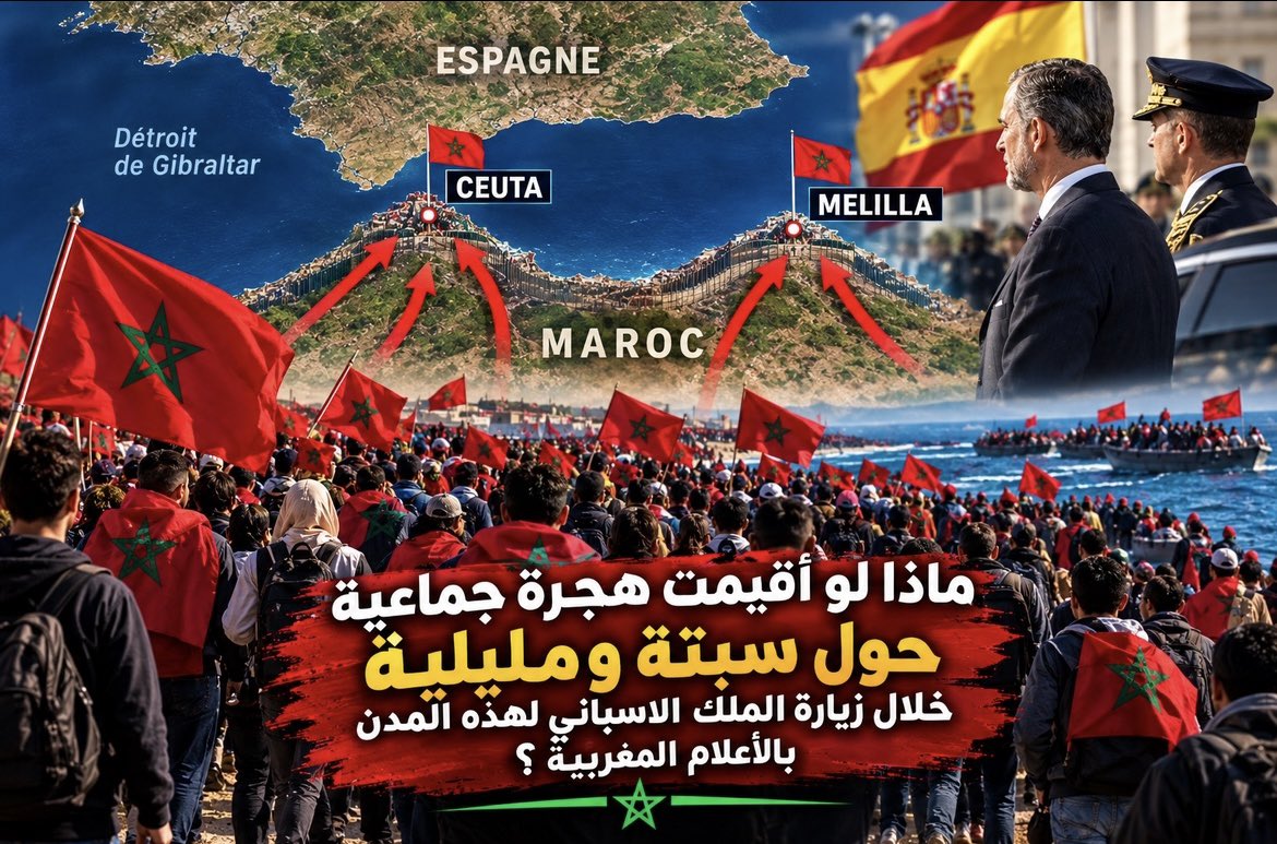 issam_khairi's tweet photo. ♦️ ماذا لو أقيمت هجرة جماعية حول مدننا المحتلة سبتة ومليلية خلال زيارة الملك الاسباني لهذه المدن بالاعلام المغربية … ؟ 😁
#سبتة #مليلية 
#ceuta #melilla #morocco #spain #maroc https://t.co/cp3uNhKnga