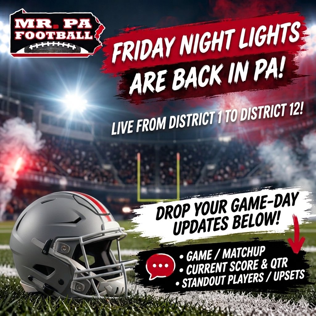 mrpafootball's tweet photo. Friday Night Lights are back across Pennsylvania! ππ₯
Where are you catching a game tonight, and what's the score? Drop your updates, big plays, and early upset alerts from the stands below!
π Drop your game and score in the comments!
#PAHSFootball #MrPAFootball #FridayNightLights #HighSchoolFootball #PAScores