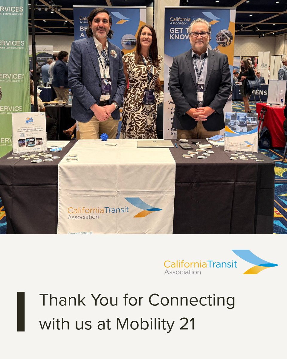 CalTransit's tweet photo. The California Transit Association team was happy to join this year’s Mobility 21 Summit and connect with mobility leaders and partners to discuss the future of transportation. Thank you to those who stopped by our booth! The Association was also proud to support the Summit this year as a Bronze Sponsor.
 
Continue the conversation about transit at the Association’s 61st Annual Fall Conference & Expo, happening this October 28–30 in Monterey.

Register today: https://t.co/AzGzWmR4Bq