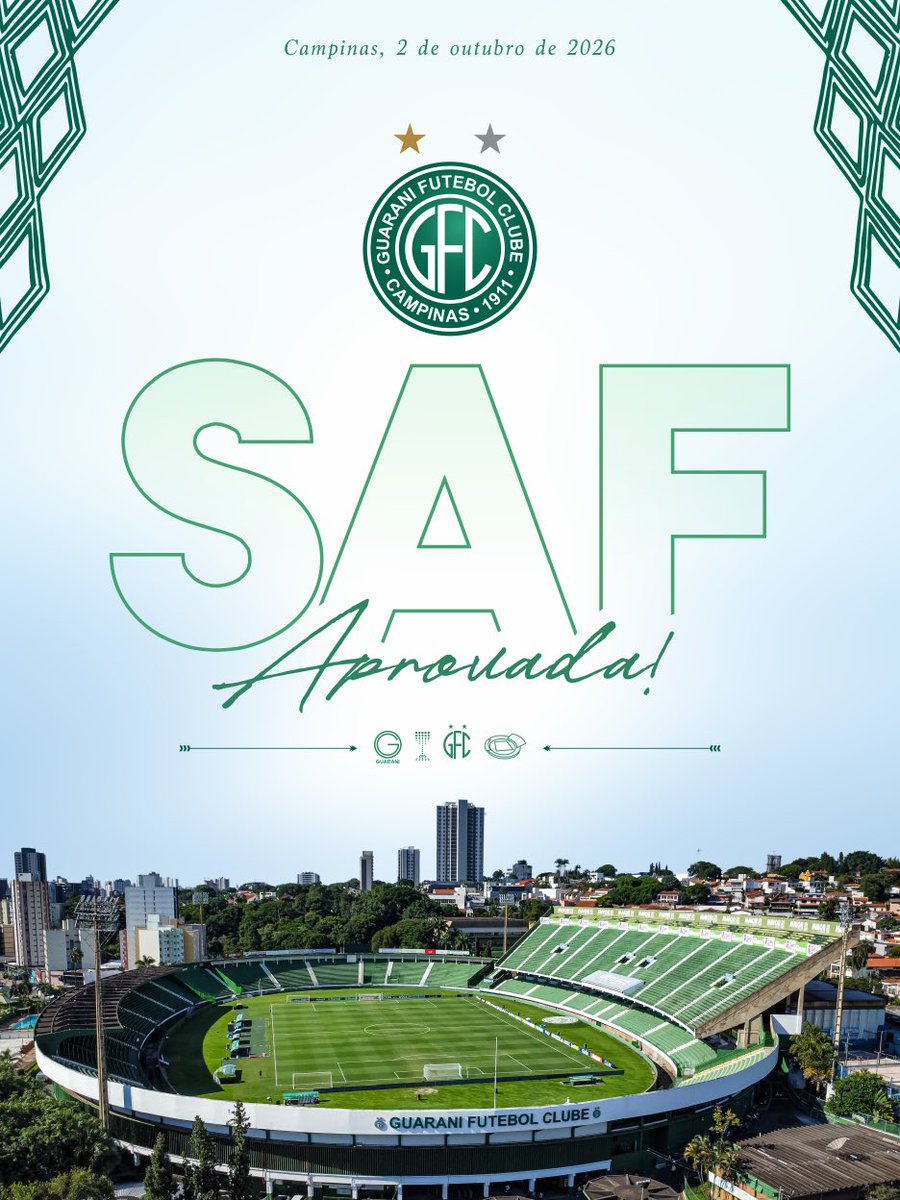guaranifc's tweet photo. O Guarani Futebol Clube informa que os associados aprovaram, em votação realizada nesta sexta-feira (2), a autorização para a constituição da Sociedade Anônima do Futebol (SAF), em Assembleia Geral Extraordinária.

A votação que aconteceu de forma híbrida, com participação presencial e online de sócios e conselheiros, contou com uma aprovação de 95,1%.

A decisão representa um marco importante na história do Bugre e abre caminho para uma nova etapa no processo de transformação e desenvolvimento institucional do clube.

O Guarani seguirá conduzindo os próximos passos com responsabilidade e compromisso com a sua história, respeitando os interesses da instituição e de toda a nação bugrina.

Mais do que um novo capítulo, a constituição da SAF é um passo importante na construção do futuro do Guarani.