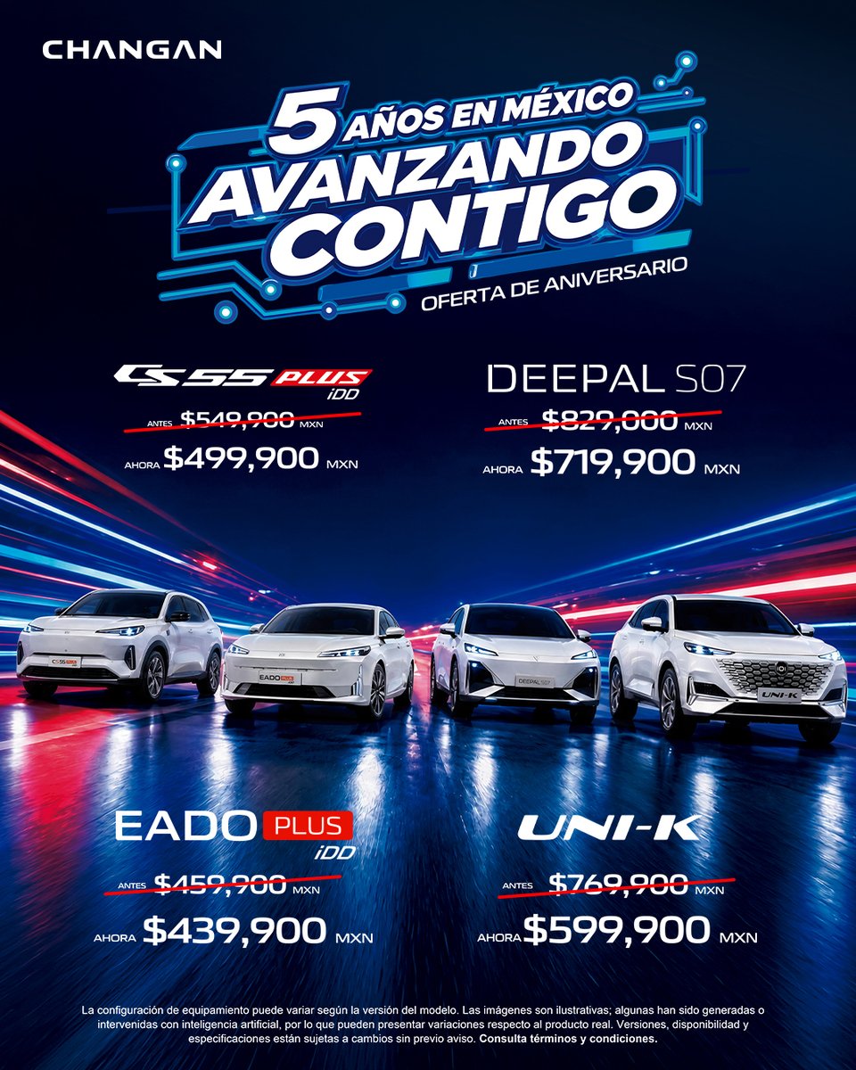 ChanganAutoVer's tweet photo. Cinco años avanzando contigo. 🎉
Y lo celebramos con la mejor oferta en la historia de Changan México. Precios especiales de aniversario en modelos seleccionados.
Consulta condiciones y vigencia en tu distribuidor Changan.
#ChanganMéxico #5AñosEnMéxico #SmartYourFuture https://t.co/C9cvvfegCk