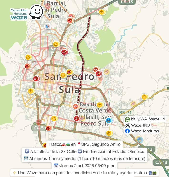 WazeHND's tweet photo. #Tráfico🚗🚙 en 📍#SPS, #SegundoAnillo
🔽 A la altura de la 27 Calle ➡️ En dirección al #EstadioOlímpico

⚡ Usa #Waze para #compartir las condiciones de tu #ruta y #ayudar a otros 🫂🛣️

👉 Síguenos en redes sociales https://t.co/e1sSYos2Rx https://t.co/JAmQBVi3ok