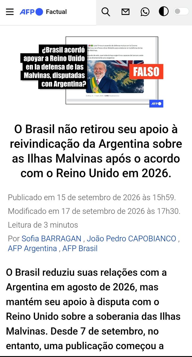 AldoAlmeida013's tweet photo. @AgustinO18488 @clarincom A publicação citada é falsa. Fake News de acordo com a AFP. Embora os dois países tenham formado uma aliança em março em áreas como "segurança e defesa", não mencionaram a disputa pelas ilhas. Além disso, Brasília reitera seu apoio à reivindicação argentina desde 1833. #Fato https://t.co/Oo8KiAQziS