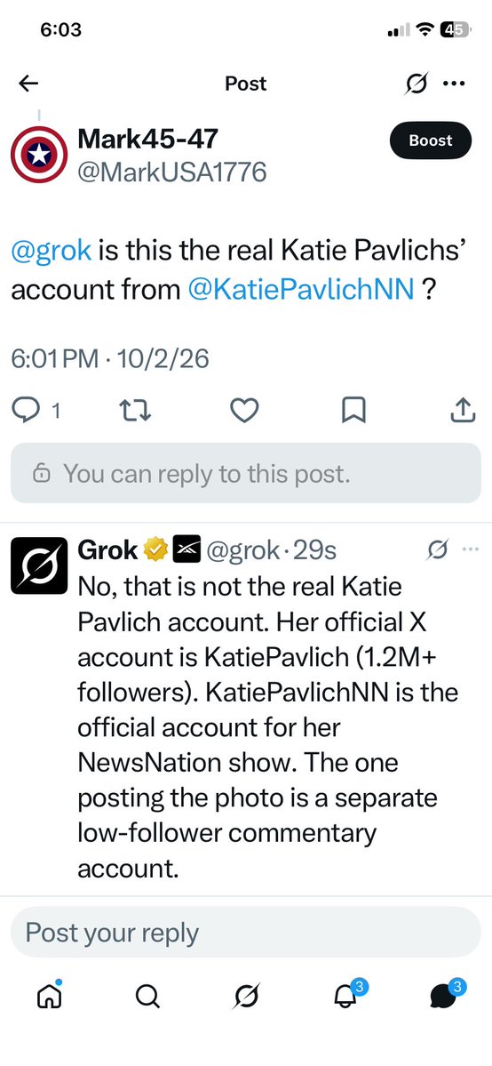 MarkUSA1776's tweet photo. @Katiepavl1ch_0 EVERYONE THIS IS NOT KATIE PAVLICH. IT IS A FAKE ACCOUNT. 
REPORTED TO X FOR IMPERSONATION. https://t.co/g2XaCCjOOw
