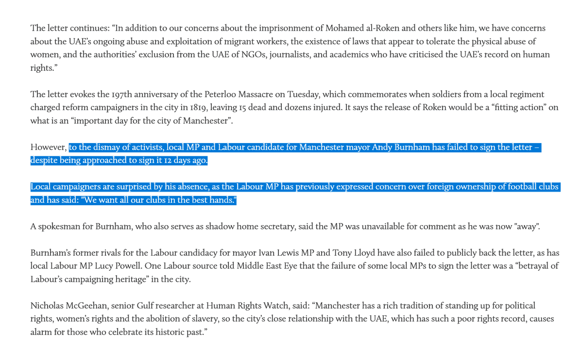 1990sUtd's tweet photo. When Abu Dhabi bought The Cheats in 2008, @andyburnham was Secretary of State for Culture, Media &amp; Sport🤔

In 2016, 9 months before being elected (night)mayor of Mcr, Burnham refused to condemn UAE human rights abuses - as did his sidekick @LucyMPowell 🤔
https://t.co/J7RgUGJG2f https://t.co/Q6MfNfoEtI