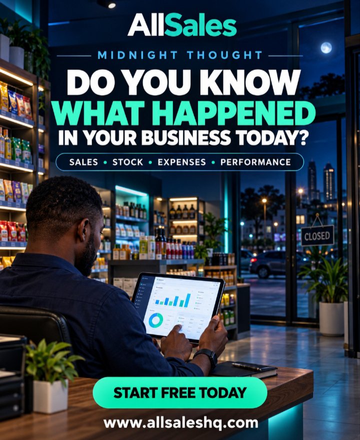 AllTech_Hub's tweet photo. Midnight thought:

How many business owners will wake up tomorrow without knowing exactly what happened in their business today?

Sales were made. Stock moved. Expenses were incurred. Staff worked. Yet without the right system, the owner may still be left guessing.

That is the problem we are solving with AllSales - helping business owners clearly monitor sales, inventory, expenses, staff activities and business performance from one place.

A growing business should not be managed from memory.

Start Free Today: https://t.co/jmMsQTbMtd

#AllSales #BusinessManagement #SmallBusiness #RetailTechnology #AllTechHub