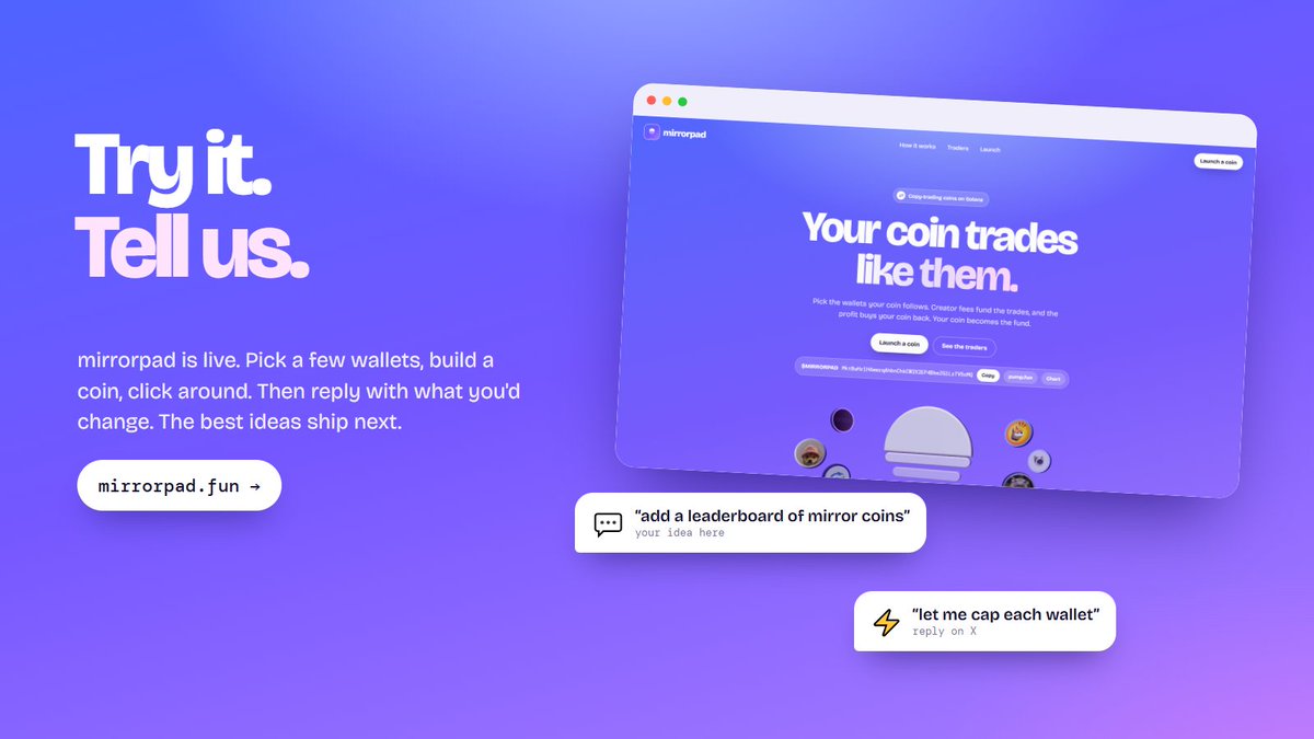 MirrorPadfun's tweet photo. mirrorpad is live. Now we want your take.

Pick a few wallets, build a coin, click around the site. Then reply here: what would make you launch on it, and what's missing?

The best ideas ship next  https://t.co/lZgJQgaOMB https://t.co/TvkLVGXuu5