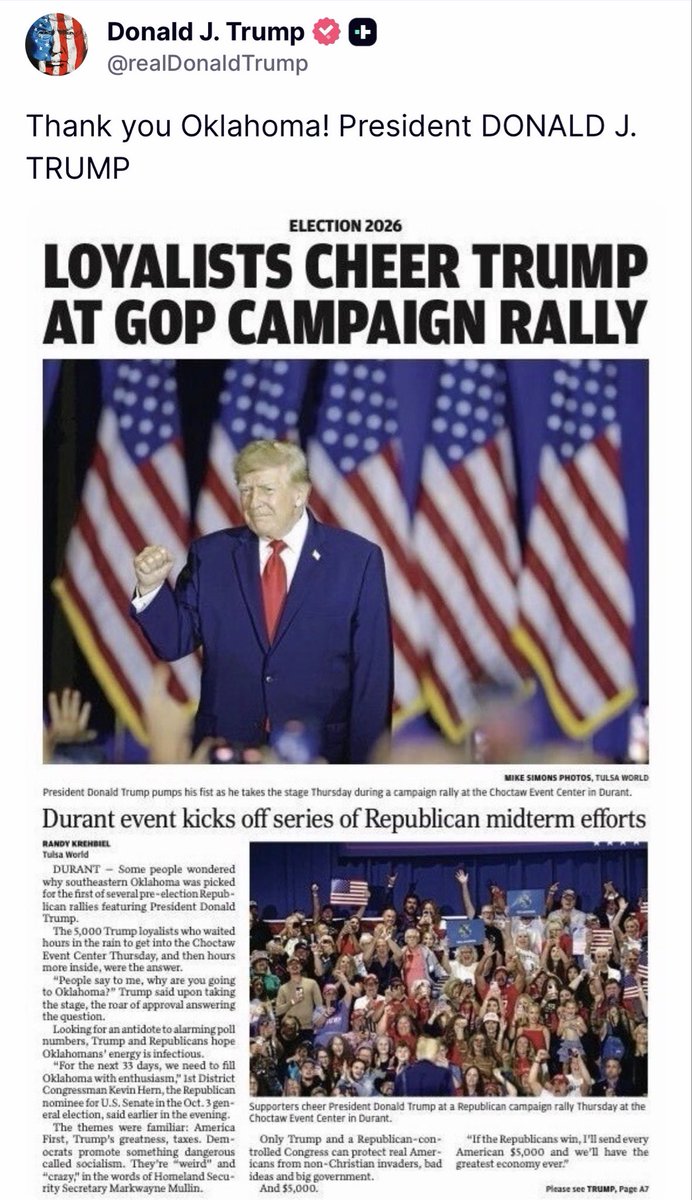 GuntherEagleman's tweet photo. 🚨 Trump just posted!

Thank you, Oklahoma.

5,000 people stood in the rain for hours just to pack the Choctaw Event Center in Durant and welcome President Trump back to the stage.

That’s not a focus group. That’s not a donor dinner. That’s the base.

33 days. America First energy. 

Republicans who actually fight.

Oklahoma showed up. Now the rest of the country needs to.