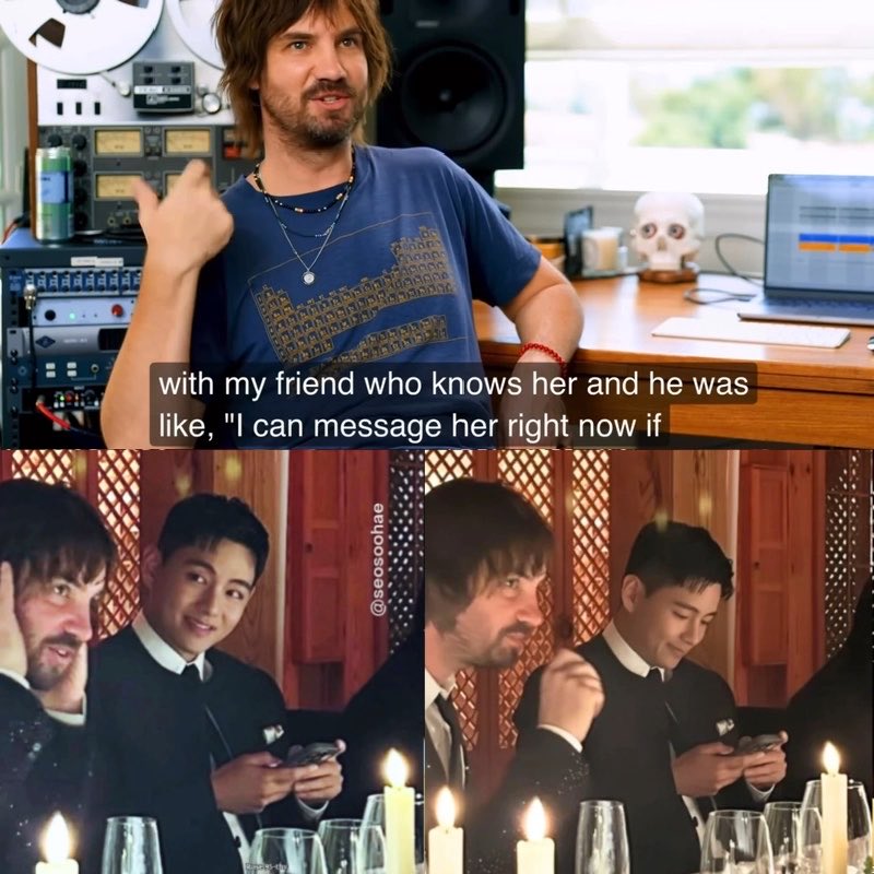 A TikTok-style video showing a bearded man in a studio saying 'with my friend who knows her and he was like, "I can message her right now if"', paired with footage of him at a candlelit dinner texting on his phone.