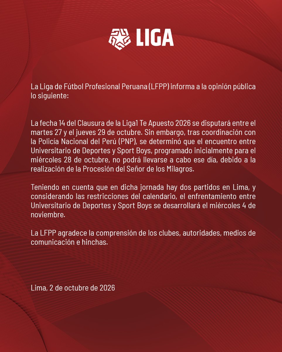 Liga1TeApuesto's tweet photo. ¡𝗖𝗹𝗮́𝘀𝗶𝗰𝗼 𝗰𝗼𝗻𝗳𝗶𝗿𝗺𝗮𝗱𝗼 𝗲𝗻 𝗹𝗮 𝗳𝗲𝗰𝗵𝗮 𝟭𝟰! 💥

#Liga1TeApuesto
#ElADNdelHincha https://t.co/EFLmMNdcuG