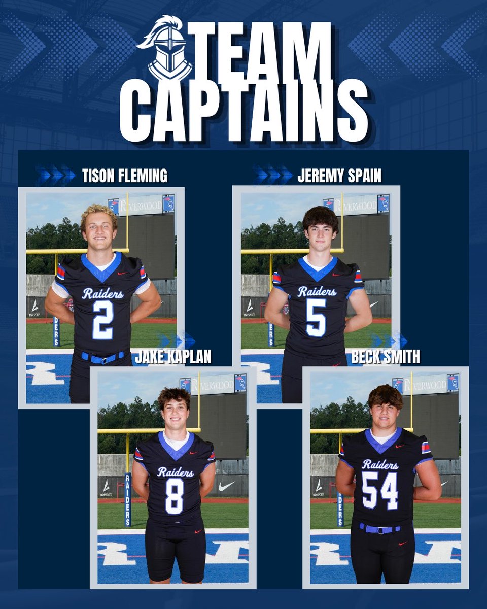 RICSFootball's tweet photo. BUILT FOR THIS MOMENT. 
Tonight’s Team Captains taking us into Alpharetta:
2️⃣ Tison Fleming
5️⃣ Jeremy Spain
8️⃣ Jake Kaplan
5️⃣4️⃣ Beck Smith
Let’s go to work, Captains. #RaiderNation #FIGHT🔴🔵🏈 https://t.co/zDsSQ7kwZp