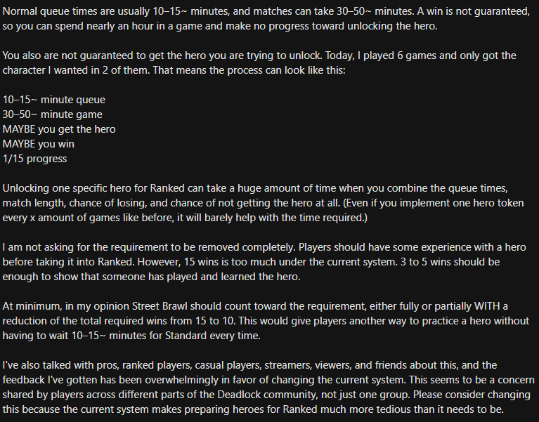 LordNM_'s tweet photo. The character unlock system in Deadlock needs to be changed. I understand the reason for requiring players to have experience with a hero before using it in Ranked but the current requirement creates a lot of unnecessary time and frustration. Full post is in the image attachment. https://t.co/oBZHMloz7O