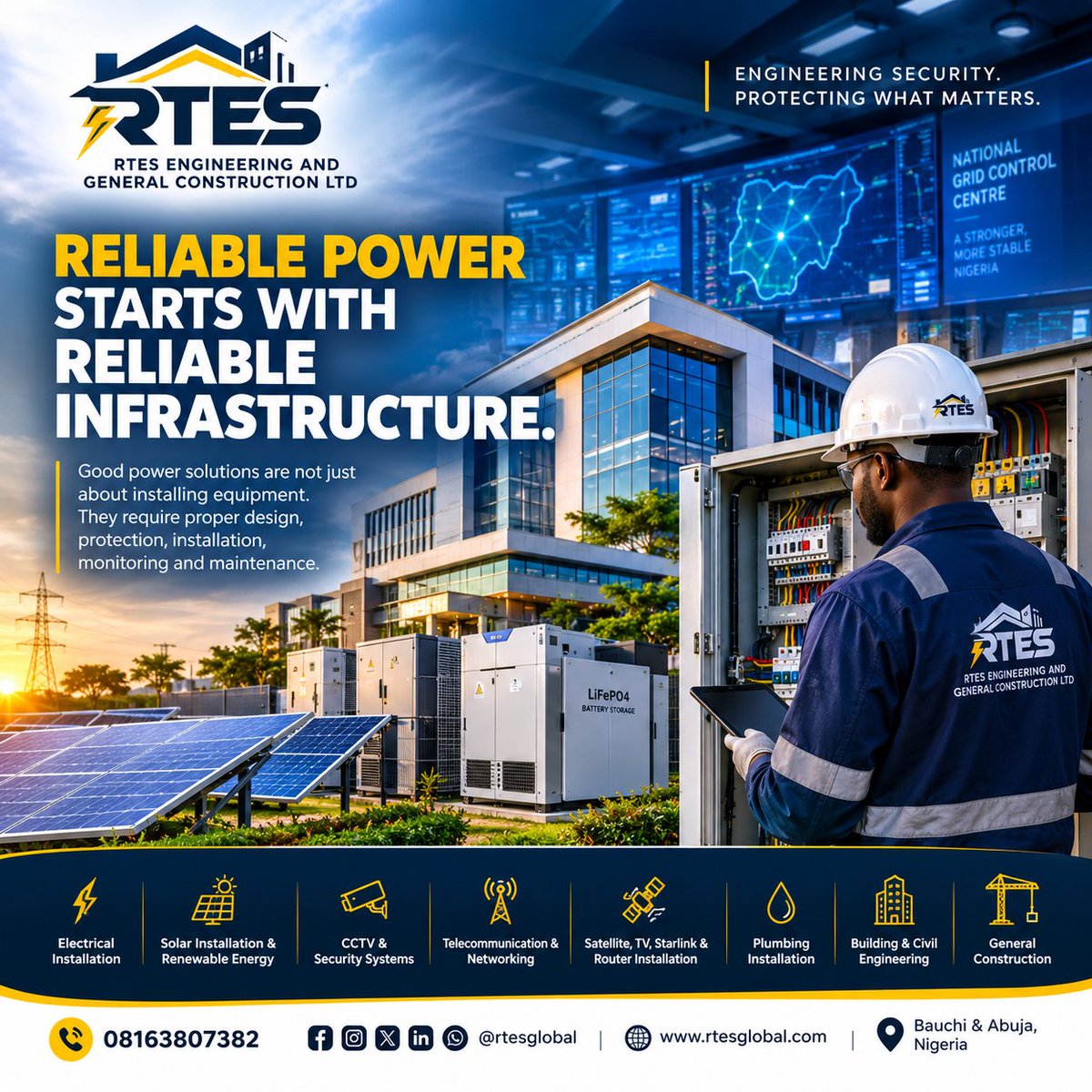 rtesglobal's tweet photo. Reliable power starts with reliable infrastructure. ⚡

A dependable electrical or solar system is not simply about buying a bigger inverter, more batteries, or more panels.

It starts with proper engineering.

📞 08163807382
🌐 https://t.co/jbe8ktx0pX
📍 Bauchi &amp; Abuja, Nigeria https://t.co/JzVpCcoZOX