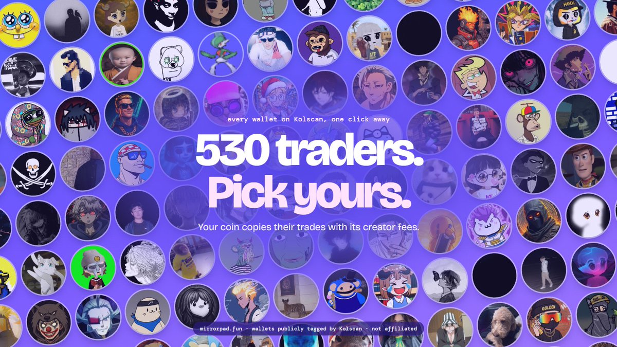 MirrorPadfun's tweet photo. 530 traders. Pick yours.

Every wallet on Kolscan is one click away on mirrorpad. Pick one or split between a few, and your coin copies their trades with its creator fees.

Profit buys your coin back → https://t.co/lZgJQgaOMB https://t.co/DhzobCblaw
