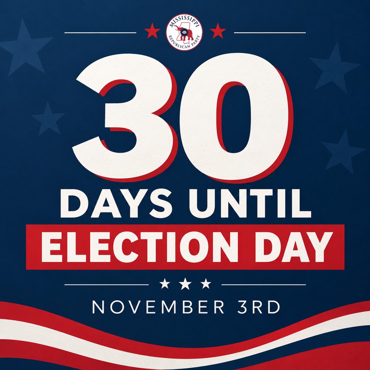 MSGOP's tweet photo. ๐ณ๏ธ 30 days and counting, Mississippi! ๐บ๐ธ
Election Day is almost here โ make your plan now and vote Republican on November 3rd. Letโs finish strong. ๐ช ๐
#VoteCindy #VoteRepublican https://t.co/h1RKAZrA1i