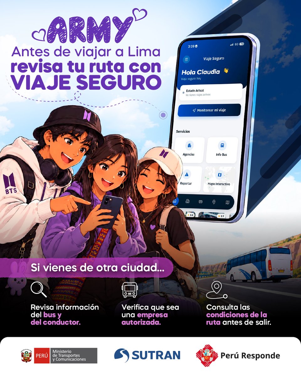 sutranperu's tweet photo. 💜 ARMY, BTS te espera en Lima… llega seguro para vivirlo al máximo.

Con la app Viaje Seguro puedes revisar información de tu bus, verificar la empresa y consultar las condiciones de la ruta antes de salir.

📲 Organiza tu viaje y llega con tranquilidad.
 #ARMYPerú #BTSenLima https://t.co/UPdd464WuV