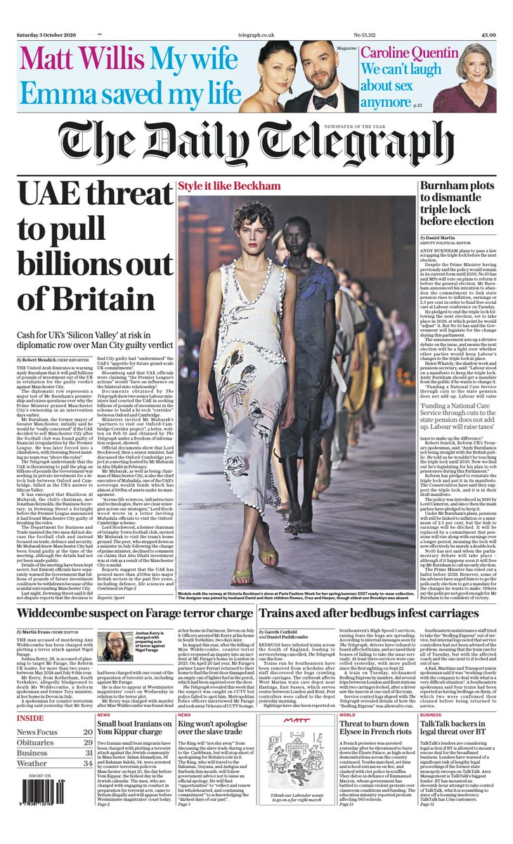 Telegraph's tweet photo. The front page of today’s Daily Telegraph:

‘UAE threat to pull billions out of Britain’

#TomorrowsPapersToday https://t.co/zDl0BZVHLL